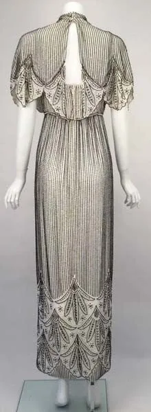 1960s Alfred Bosand Cream Silk Dress and Capelet with Black Bugle Beads