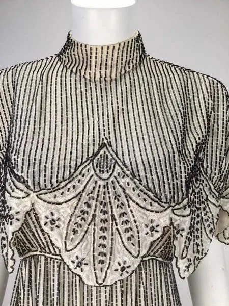 1960s Alfred Bosand Cream Silk Dress and Capelet with Black Bugle Beads