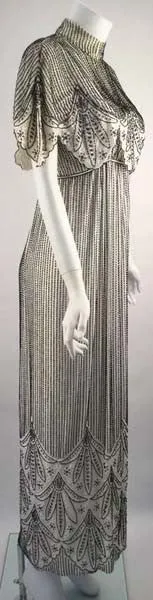 1960s Alfred Bosand Cream Silk Dress and Capelet with Black Bugle Beads
