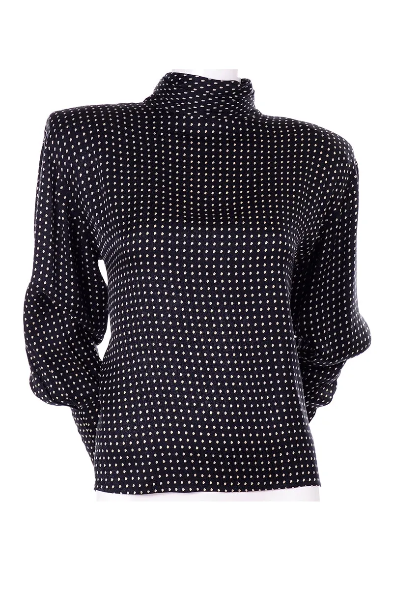 1980s Ungaro Parallele Paris Top Silk Black & White Polka Dot Blouse