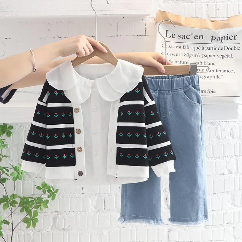 3PCS Set Autumn Girls Cardigan Top and Denim Pants Set Wholesale Baby Girl Clothes