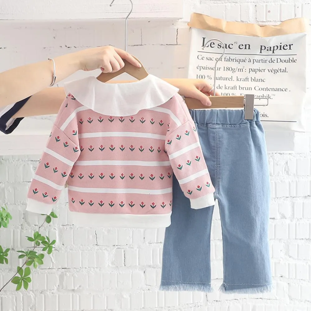 3PCS Set Autumn Girls Cardigan Top and Denim Pants Set Wholesale Baby Girl Clothes