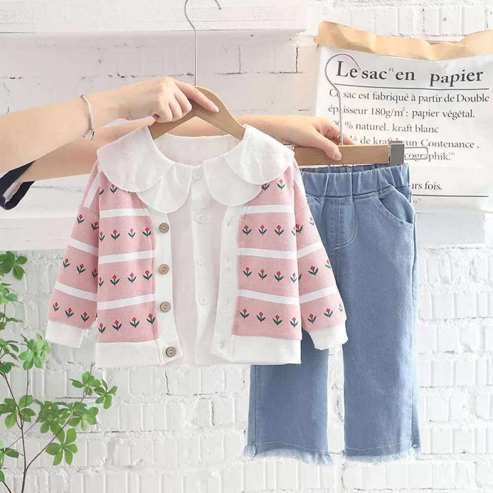 3PCS Set Autumn Girls Cardigan Top and Denim Pants Set Wholesale Baby Girl Clothes