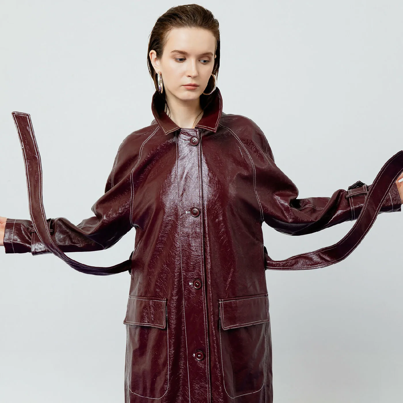 ATSTHELABEL BRIA LEATHER MAROON TRENCH COAT