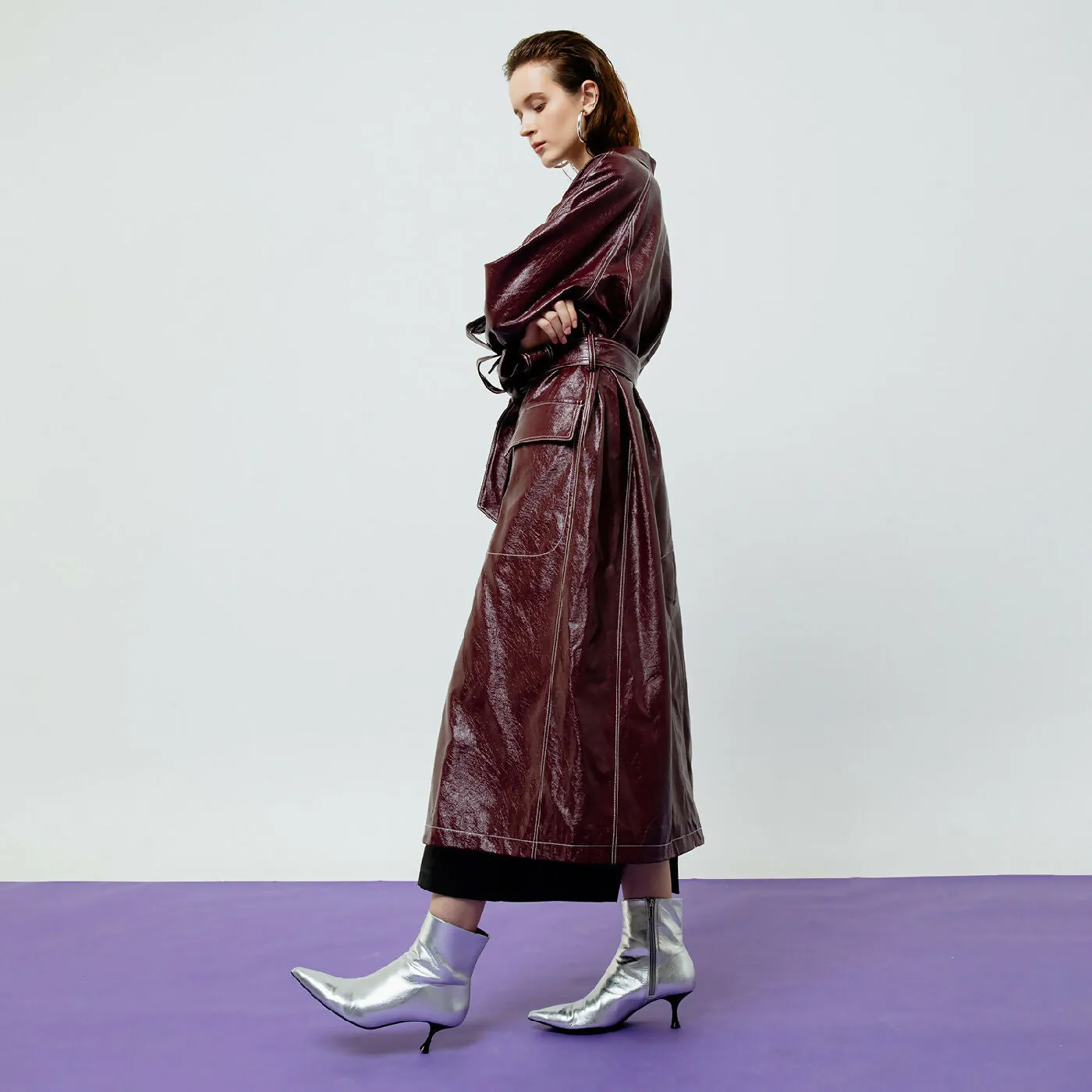 ATSTHELABEL BRIA LEATHER MAROON TRENCH COAT