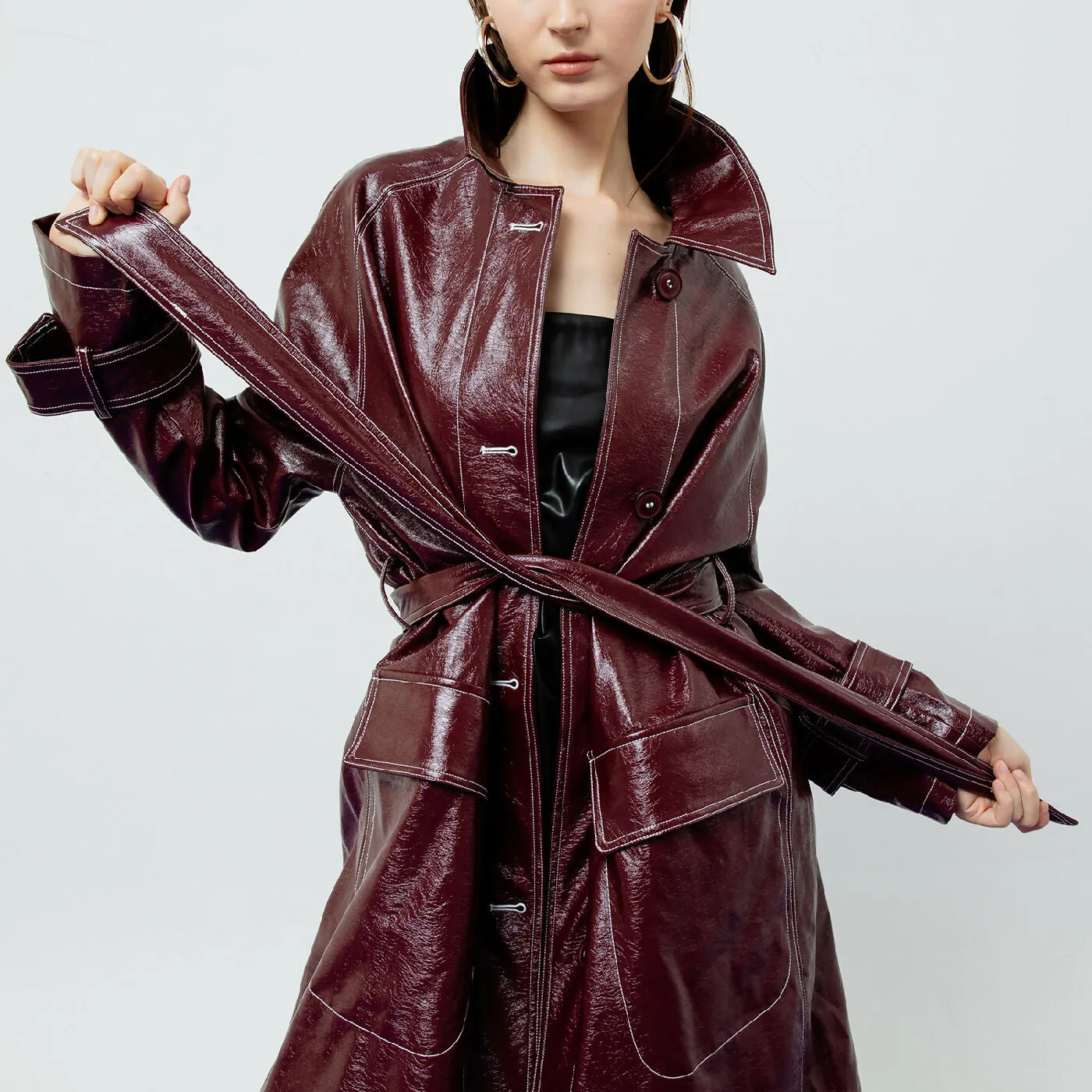 ATSTHELABEL BRIA LEATHER MAROON TRENCH COAT