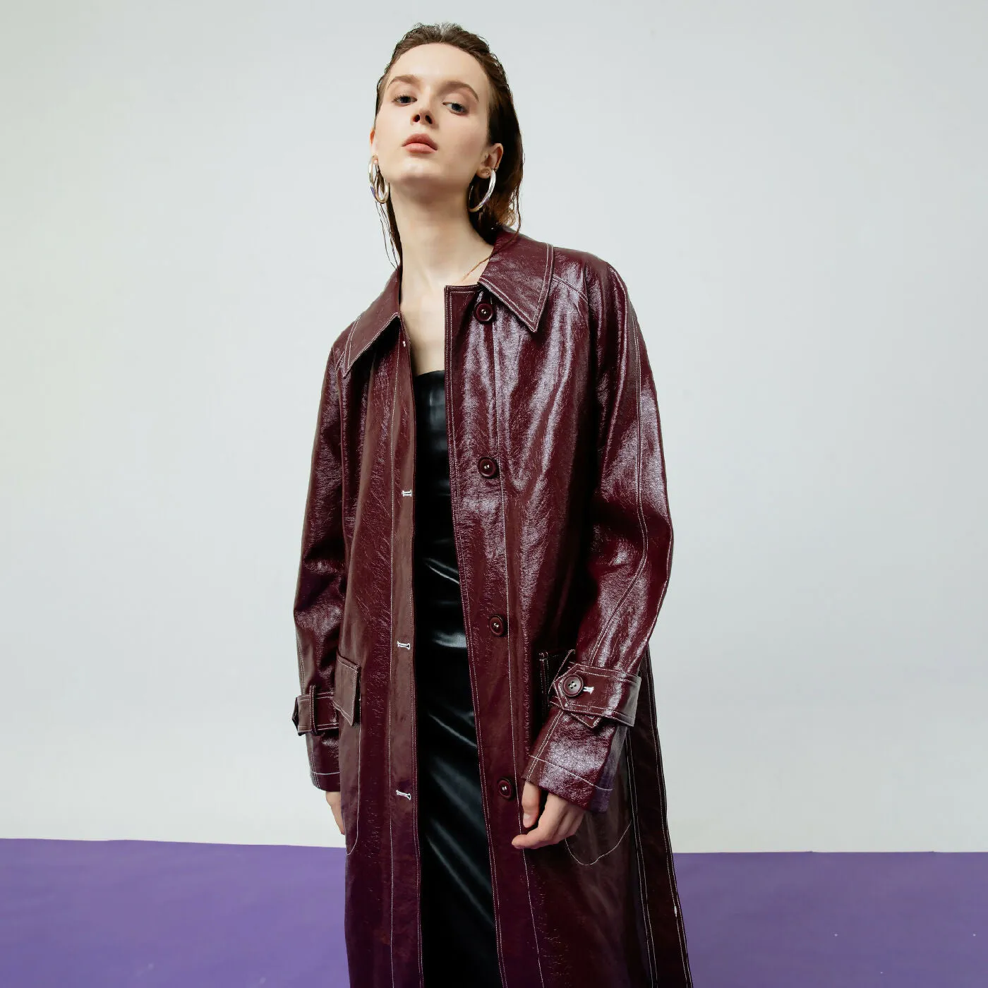 ATSTHELABEL BRIA LEATHER MAROON TRENCH COAT