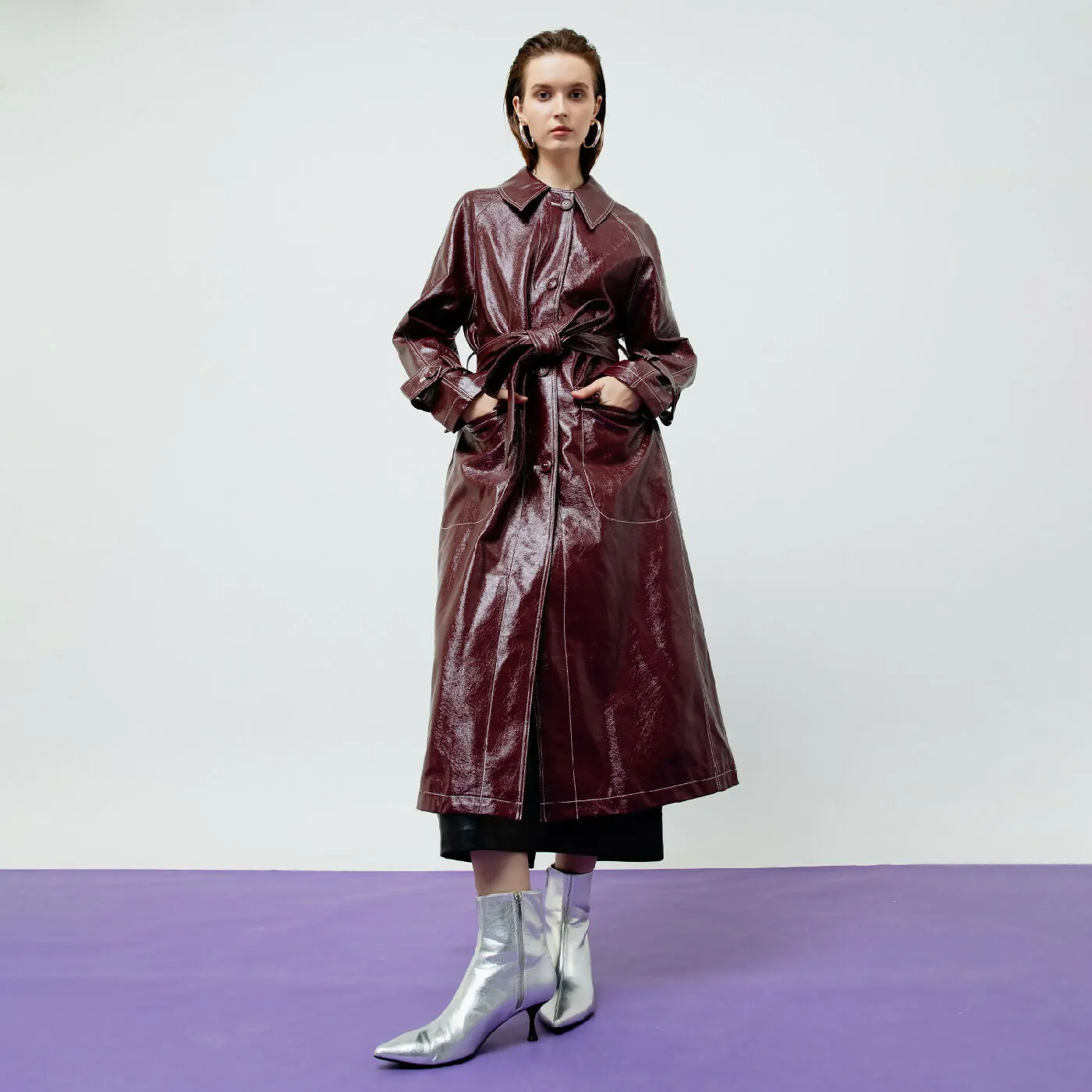 ATSTHELABEL BRIA LEATHER MAROON TRENCH COAT