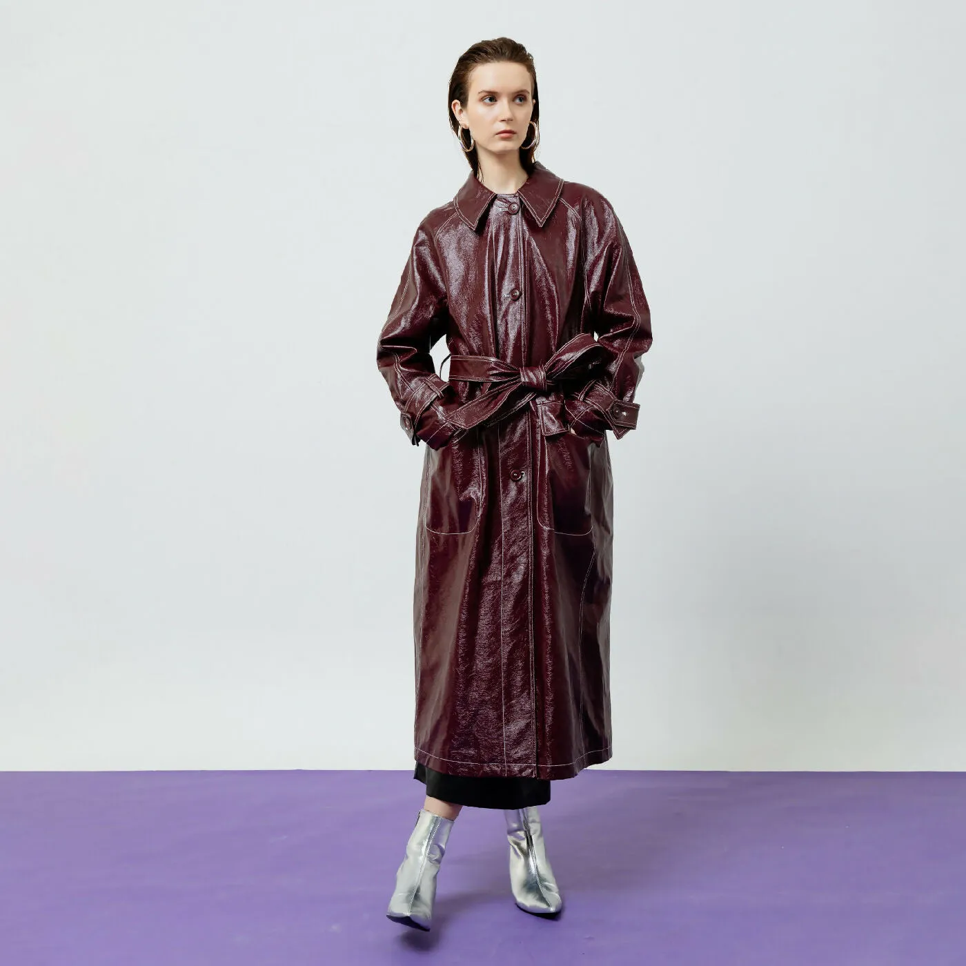 ATSTHELABEL BRIA LEATHER MAROON TRENCH COAT