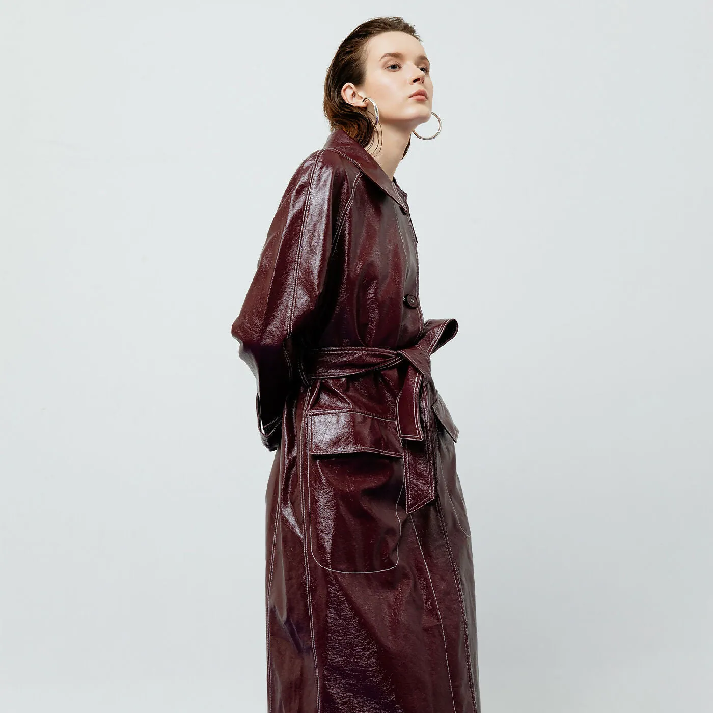 ATSTHELABEL BRIA LEATHER MAROON TRENCH COAT