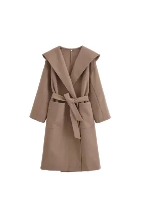 'Autum' Brown Cape-Style Hooded Coat with Belt