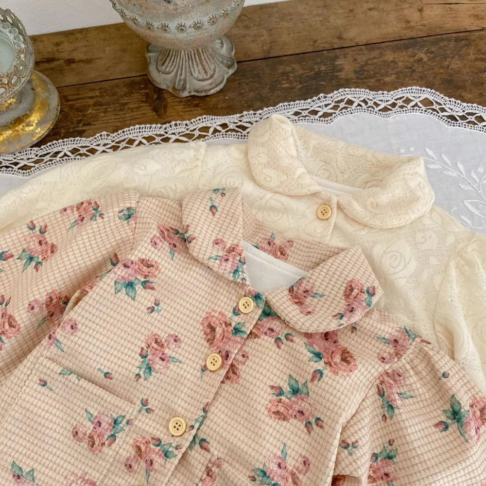 Autumn and Winter Baby Girl Flower Print Bubble Long-sleeved Cardigan Coat Wholesale Girls Clothes