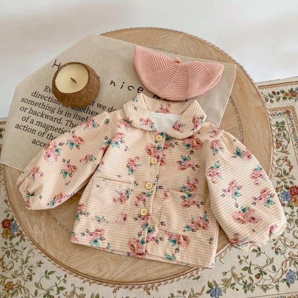 Autumn and Winter Baby Girl Flower Print Bubble Long-sleeved Cardigan Coat Wholesale Girls Clothes