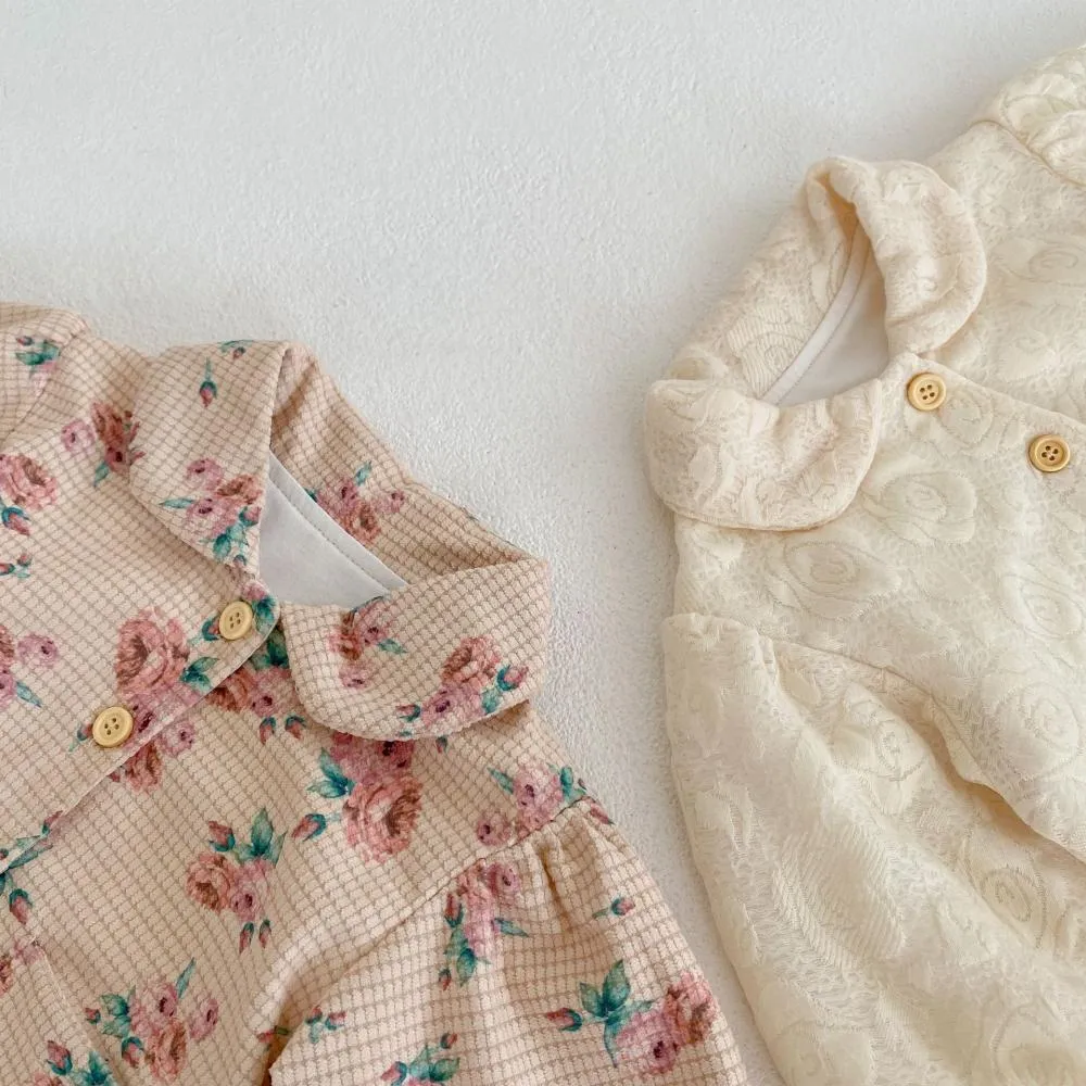 Autumn and Winter Baby Girl Flower Print Bubble Long-sleeved Cardigan Coat Wholesale Girls Clothes