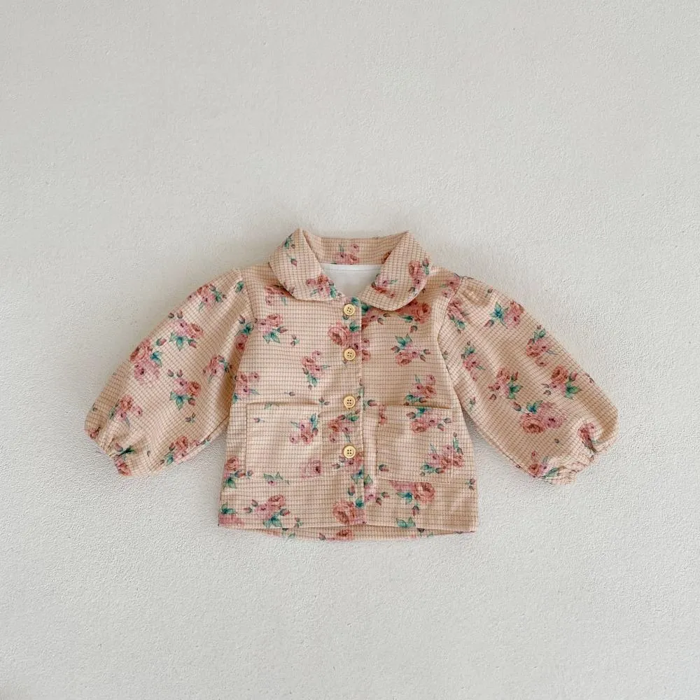 Autumn and Winter Baby Girl Flower Print Bubble Long-sleeved Cardigan Coat Wholesale Girls Clothes