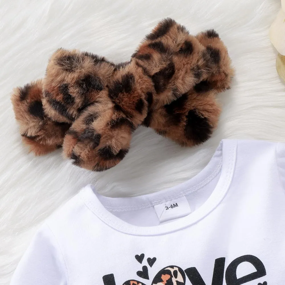 Autumn and Winter Baby Girl Letter Stitching Leopard Print Dress Coat Three-piece Set Wholesale Girls Clothes