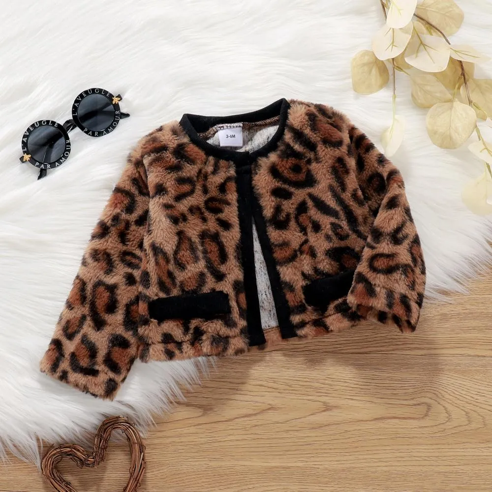 Autumn and Winter Baby Girl Letter Stitching Leopard Print Dress Coat Three-piece Set Wholesale Girls Clothes