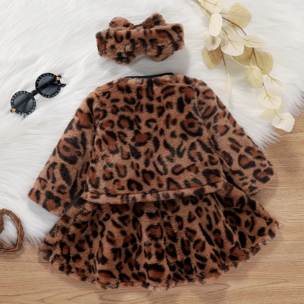 Autumn and Winter Baby Girl Letter Stitching Leopard Print Dress Coat Three-piece Set Wholesale Girls Clothes