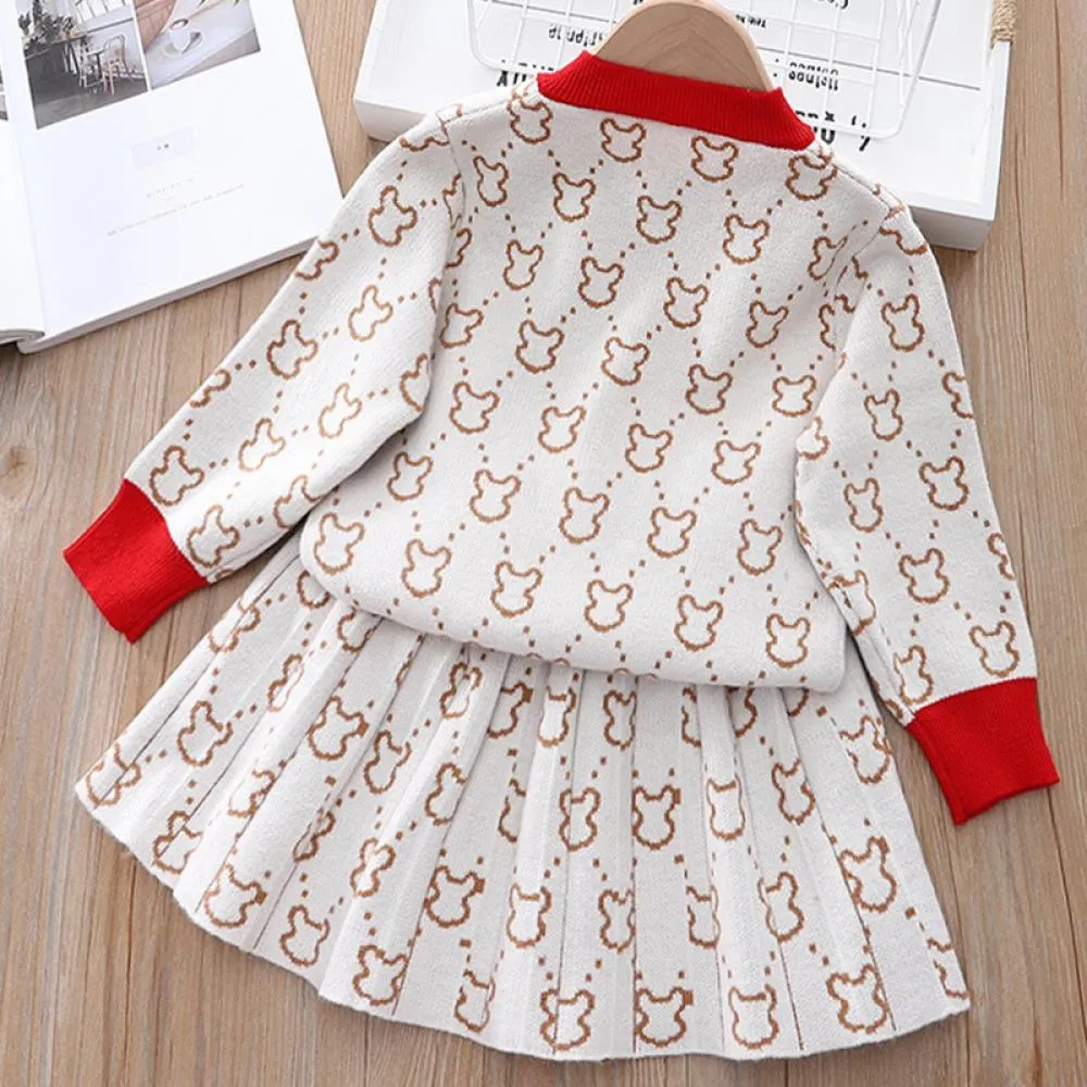 Autumn and Winter Girls' Knitted Cardigan Dress Two Pieces Set Wholesale Girls Clothes