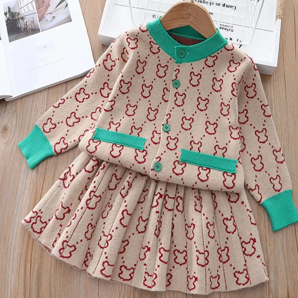 Autumn and Winter Girls' Knitted Cardigan Dress Two Pieces Set Wholesale Girls Clothes