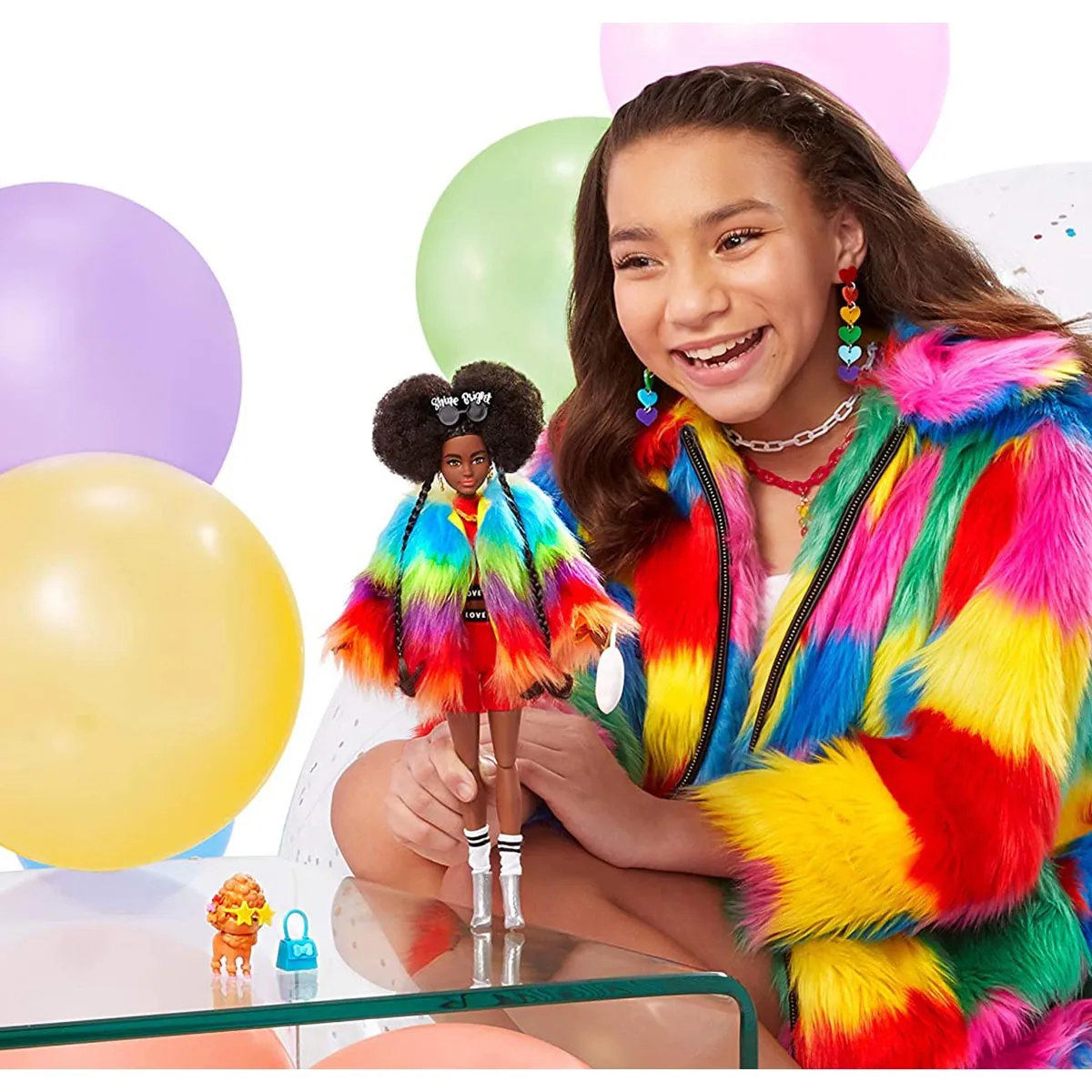 Barbie Extra Doll #1 in Rainbow Coat with Pet Poodle