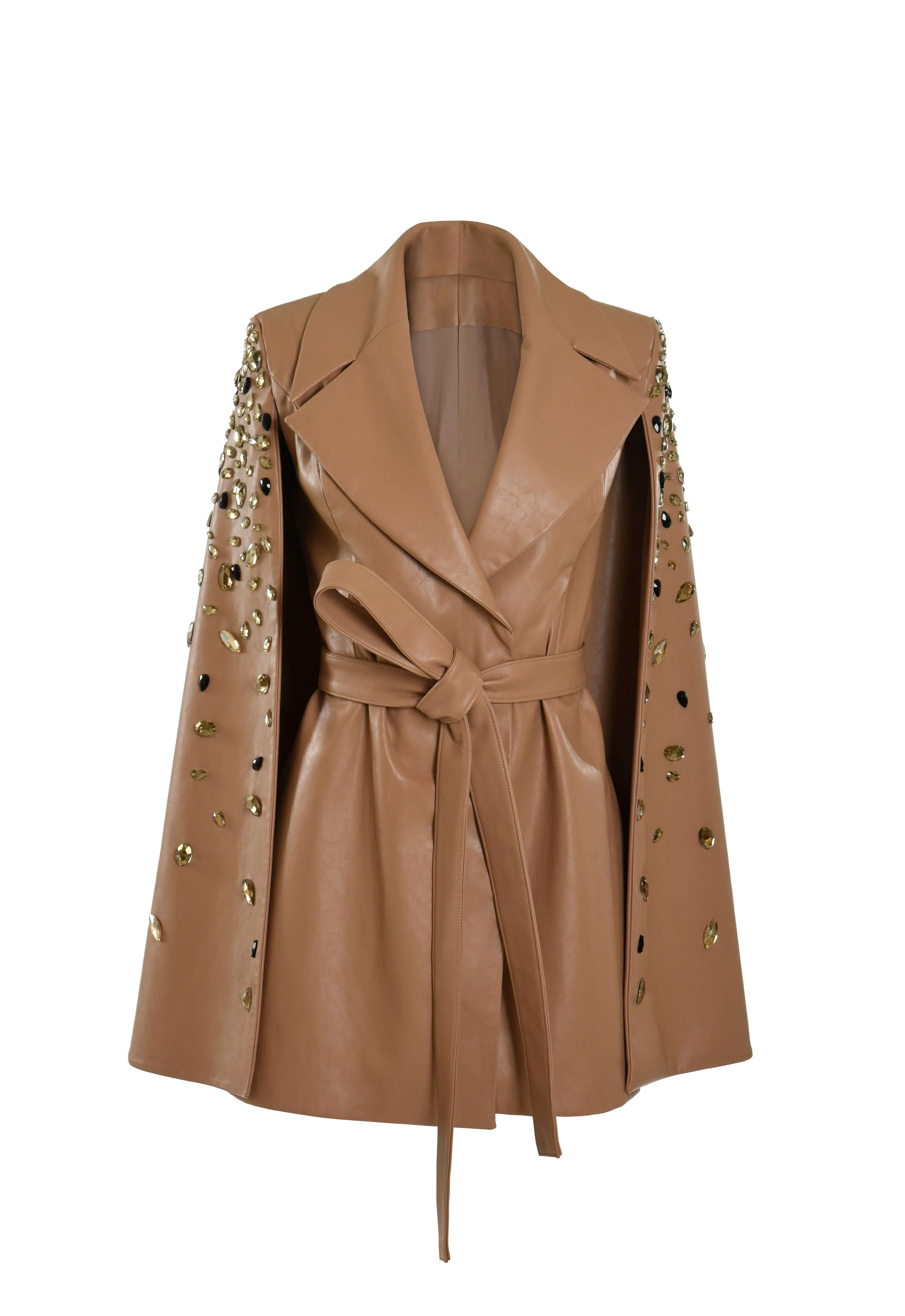 Beige cape coat with embroidered sleeves