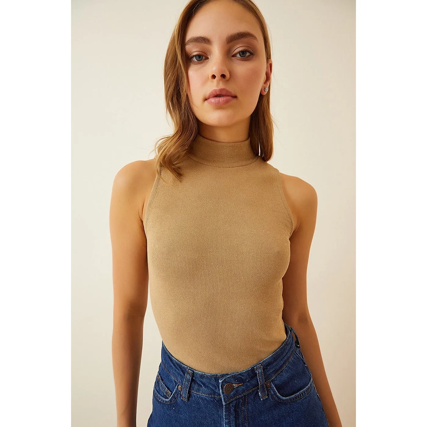 Beige Turtleneck Cotton Knitted Blouse