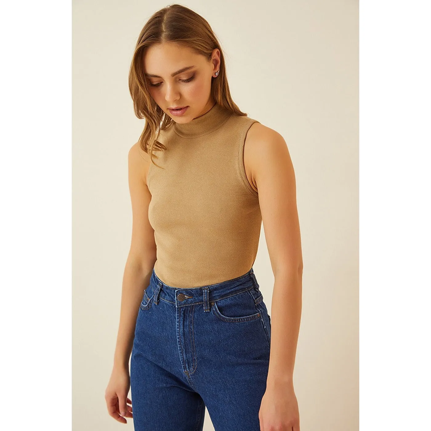 Beige Turtleneck Cotton Knitted Blouse