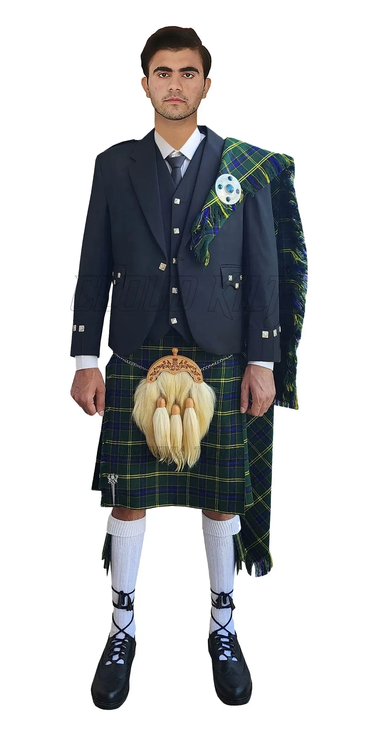 Black Argyll Kilt Outfit With US Army Tartan Kilt
