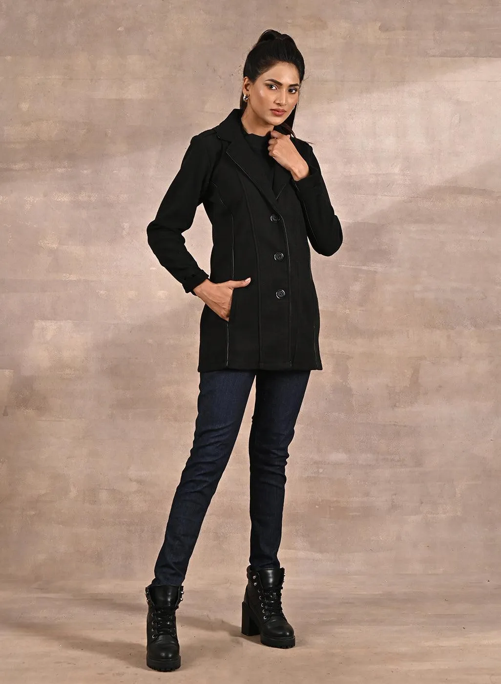 Black Brushed Wool Long Sleeve Coat with Leather Piping