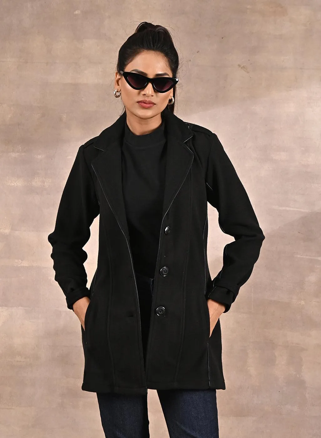 Black Brushed Wool Long Sleeve Coat with Leather Piping