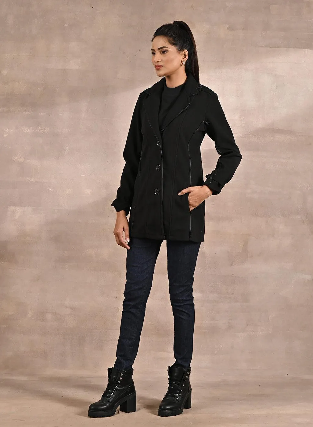 Black Brushed Wool Long Sleeve Coat with Leather Piping