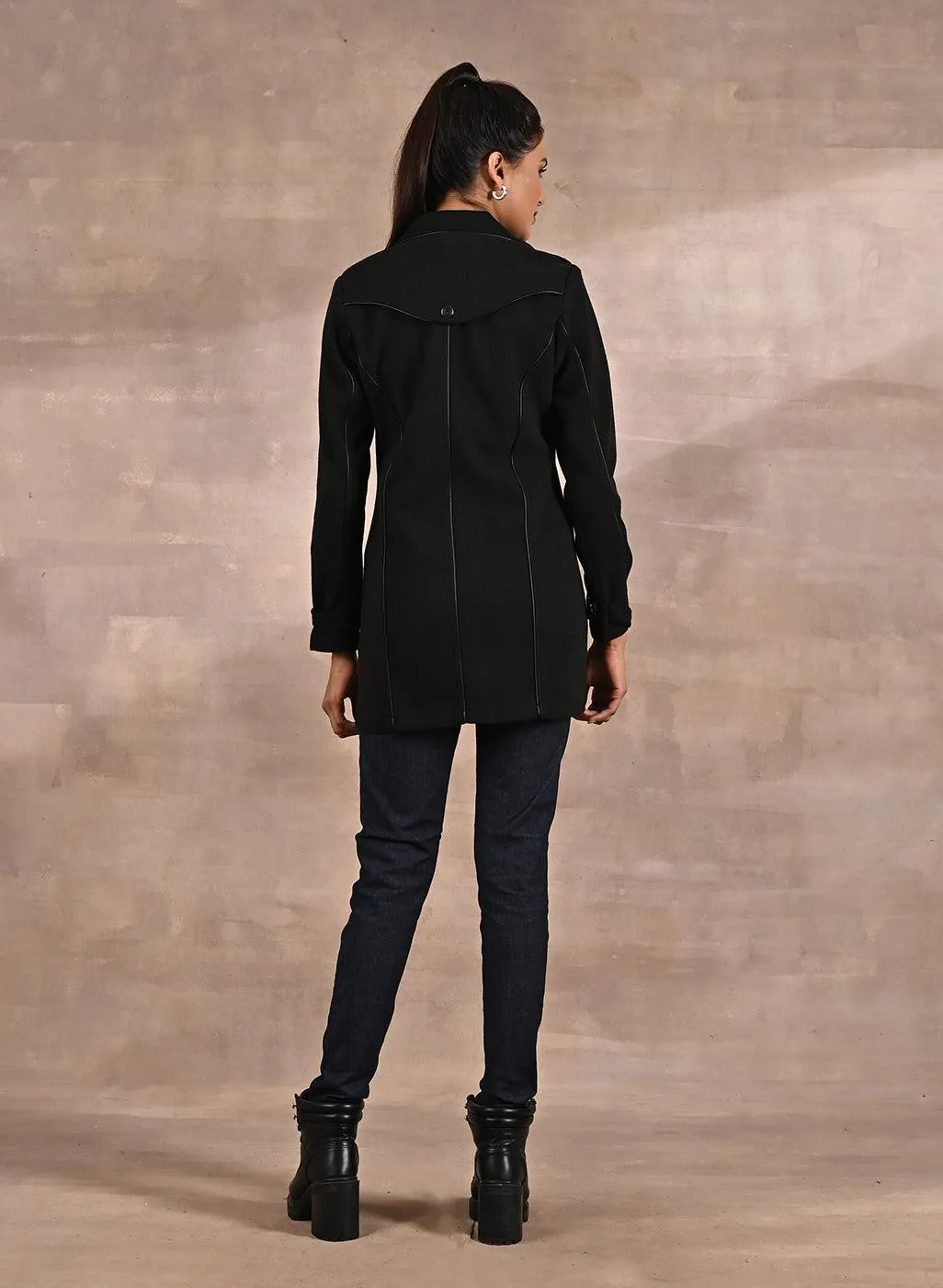 Black Brushed Wool Long Sleeve Coat with Leather Piping