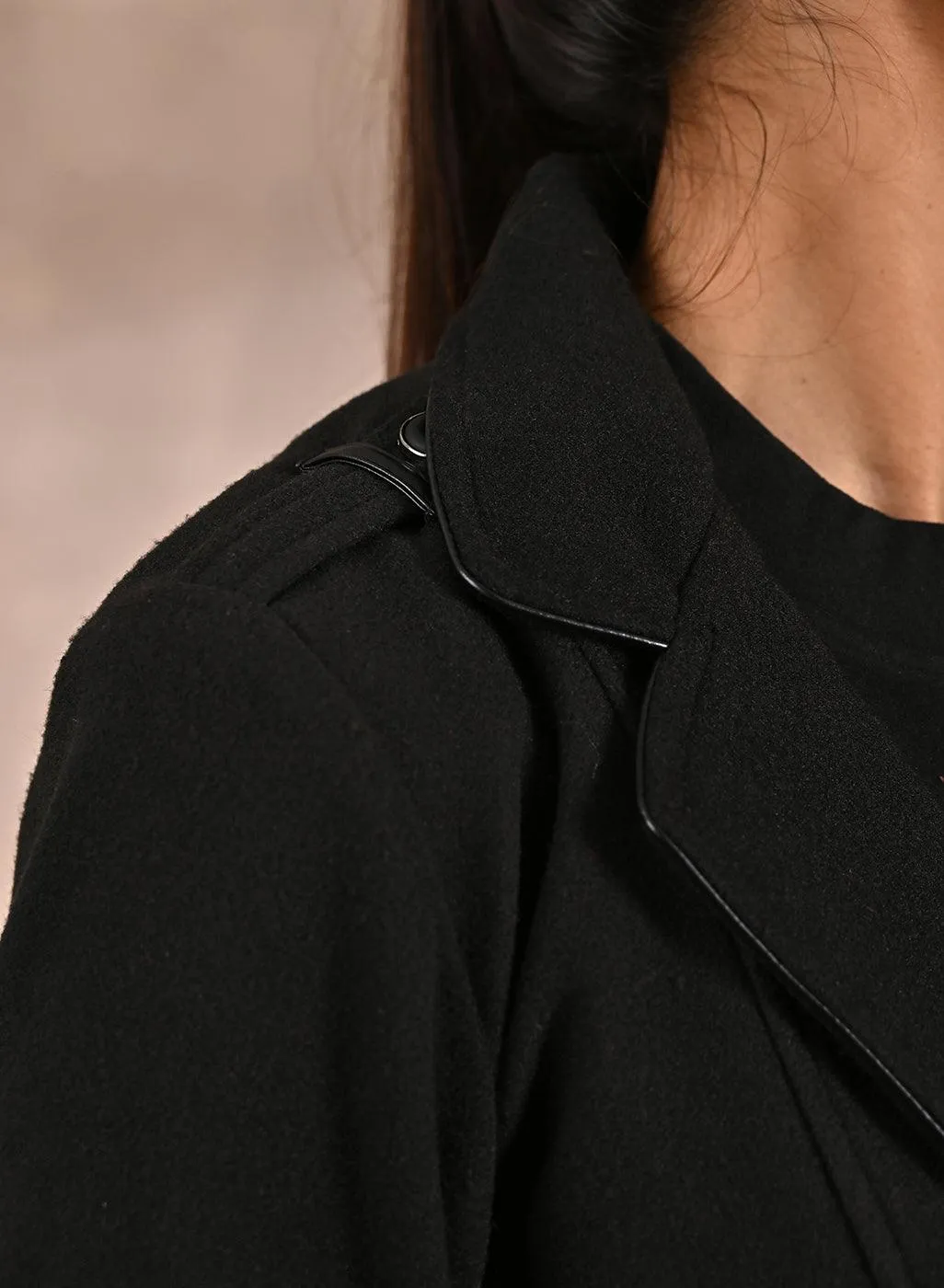 Black Brushed Wool Long Sleeve Coat with Leather Piping