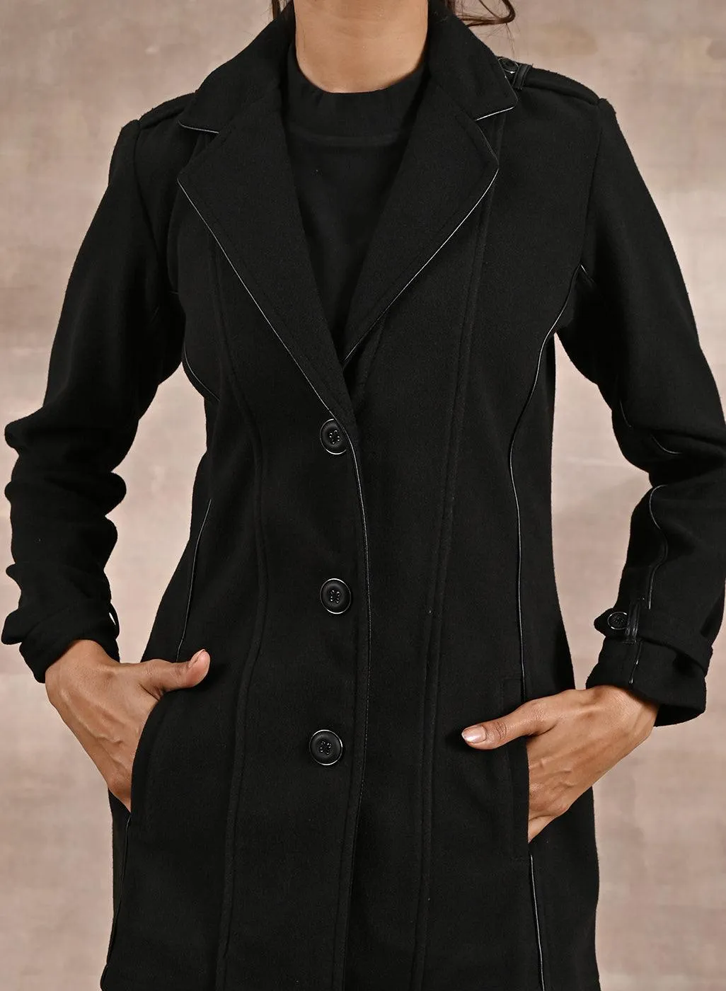 Black Brushed Wool Long Sleeve Coat with Leather Piping