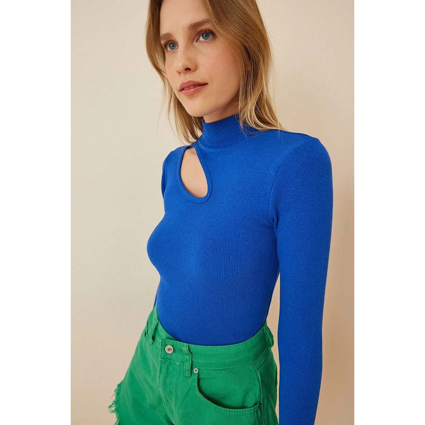 Blue Cut Out Detailed Ribbed Knitted Blouse