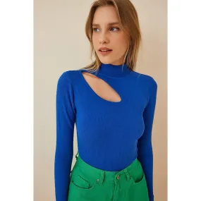 Blue Cut Out Detailed Ribbed Knitted Blouse