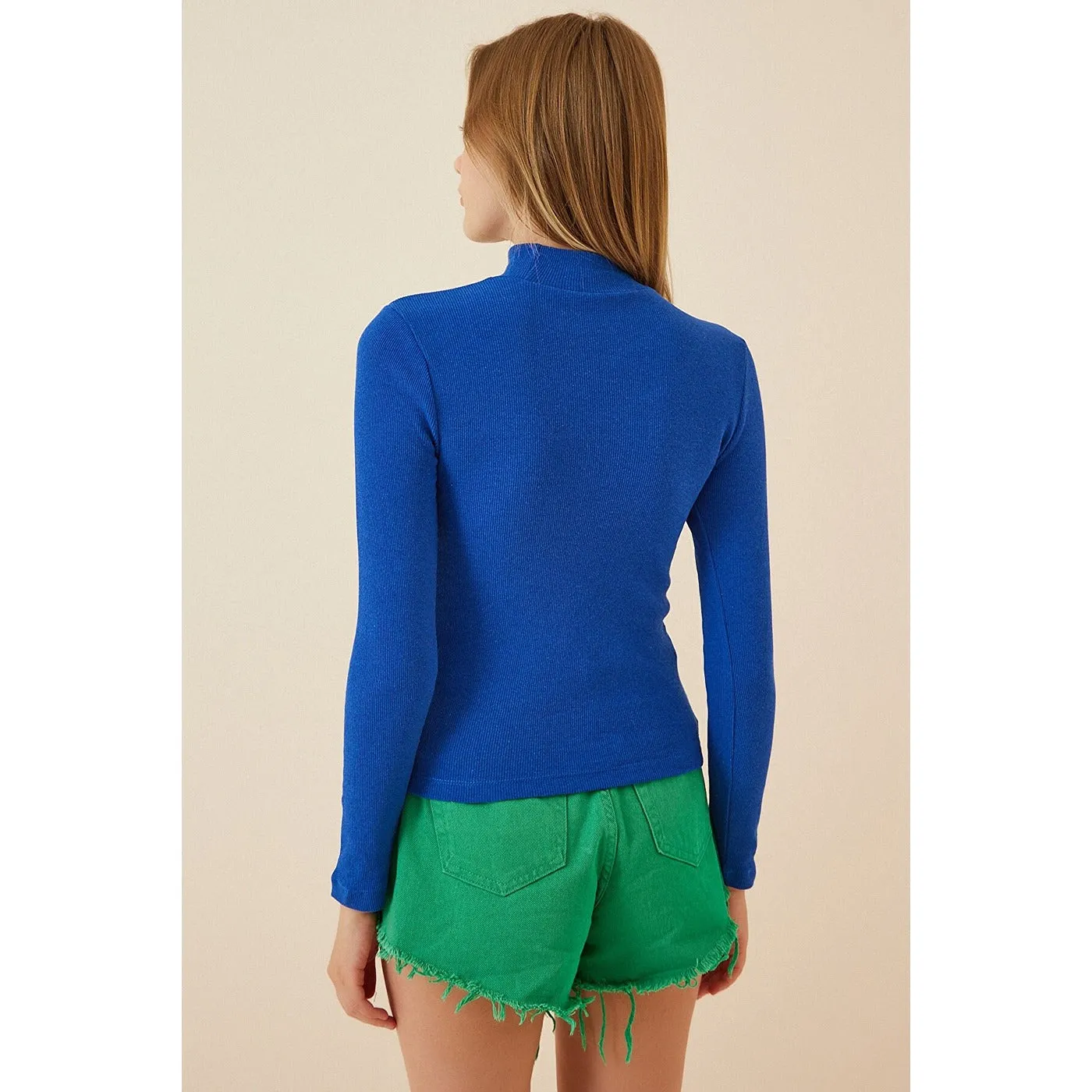 Blue Cut Out Detailed Ribbed Knitted Blouse