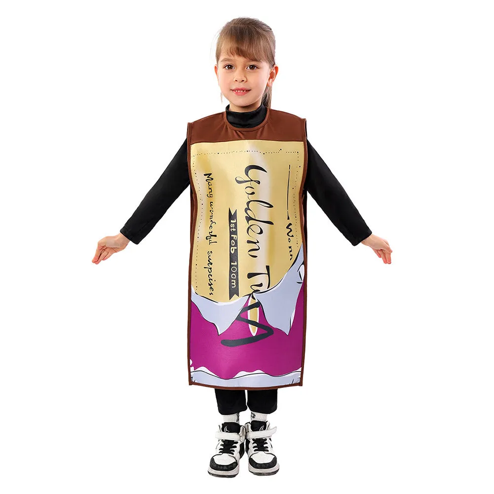 Charlie and the Chocolate Factory Kids Children Gold Coupon Cosplay Costume