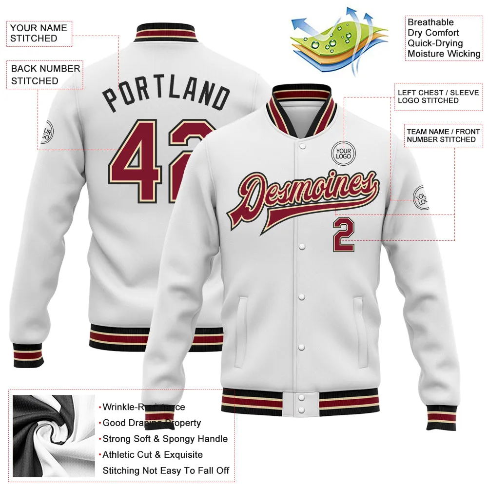 Custom White Crimson City Cream-Black Bomber Full-Snap Varsity Letterman Jacket