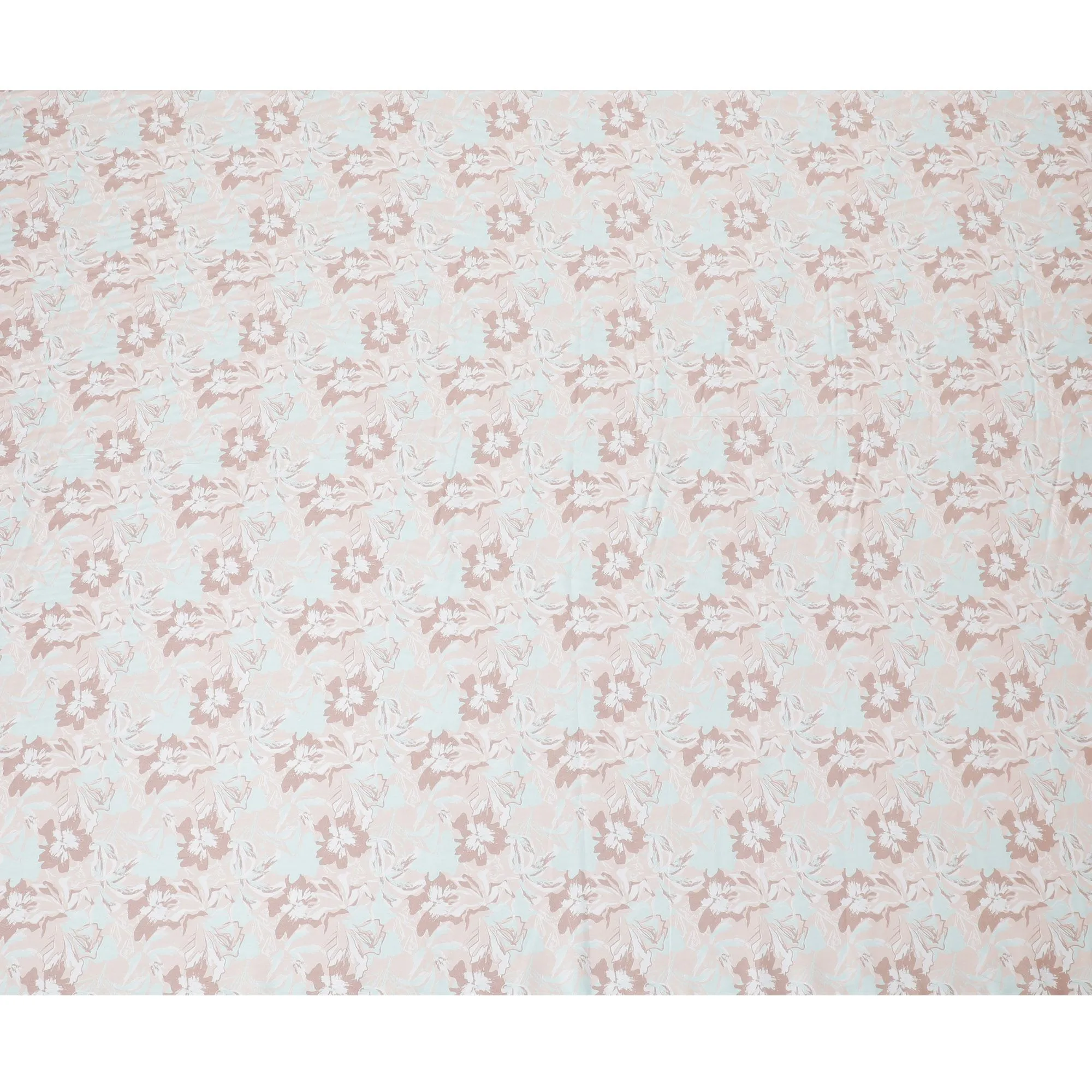 Electric blue cotton satin fabric with pale brown, brown and off white print in floral design-D16769