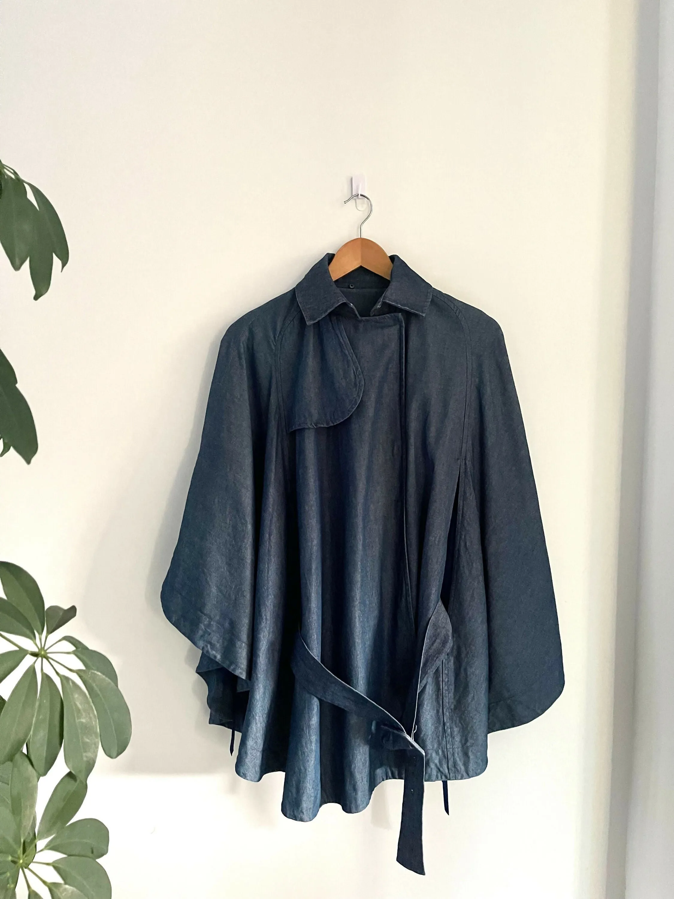 Elle Denim Abstract Face Cape Coat