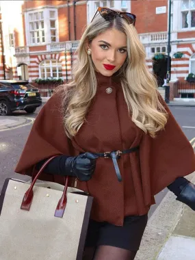 Fashionkova Brown Stand Collar Fashion Lady Cape Coat Elegant Solid Color Loose Casual Cloak 2024 New Woman Autumn High Street Jacket