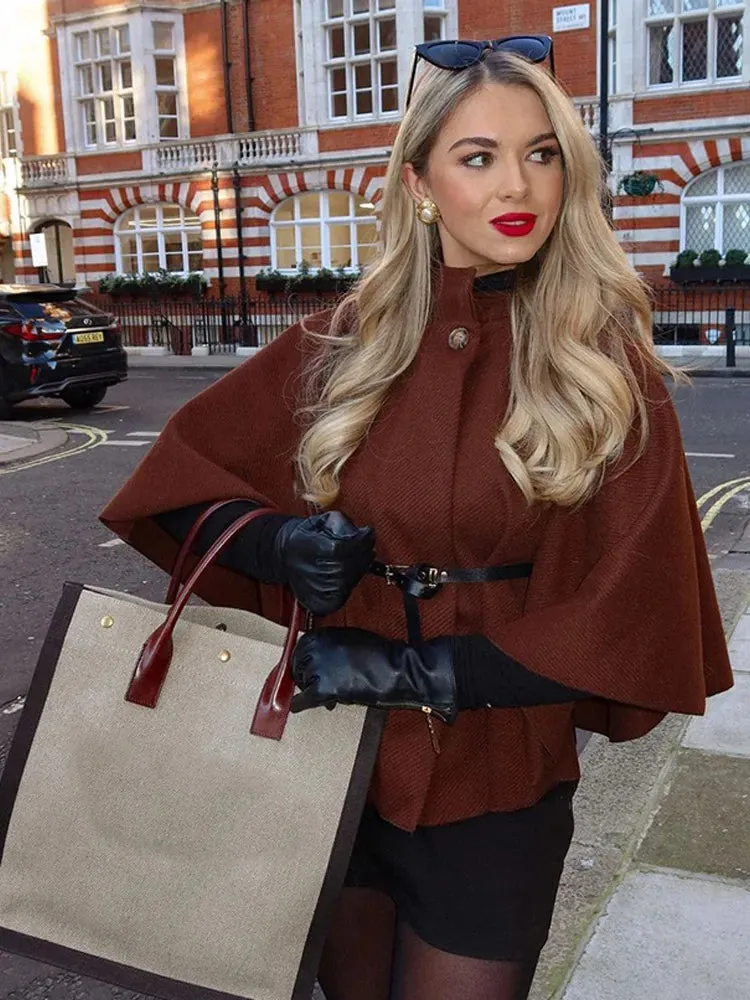 Fashionkova Brown Stand Collar Fashion Lady Cape Coat Elegant Solid Color Loose Casual Cloak 2024 New Woman Autumn High Street Jacket