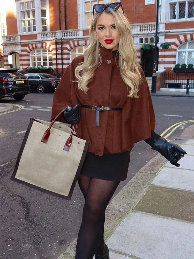 Fashionkova Brown Stand Collar Fashion Lady Cape Coat Elegant Solid Color Loose Casual Cloak 2024 New Woman Autumn High Street Jacket