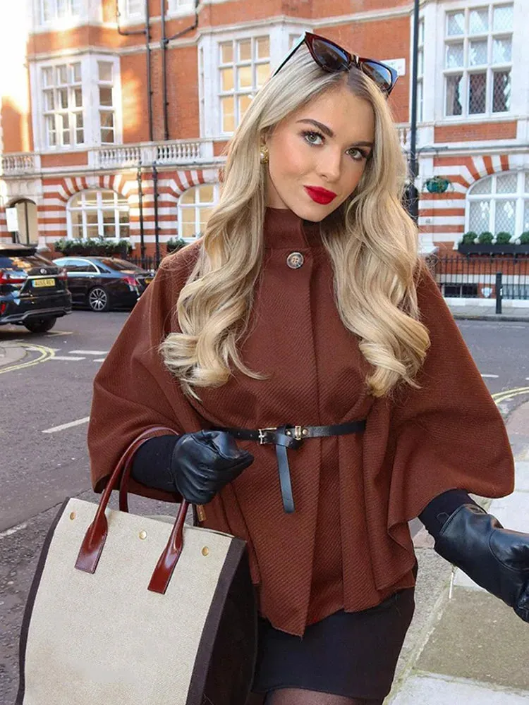 Fashionkova Brown Stand Collar Fashion Lady Cape Coat Elegant Solid Color Loose Casual Cloak 2024 New Woman Autumn High Street Jacket