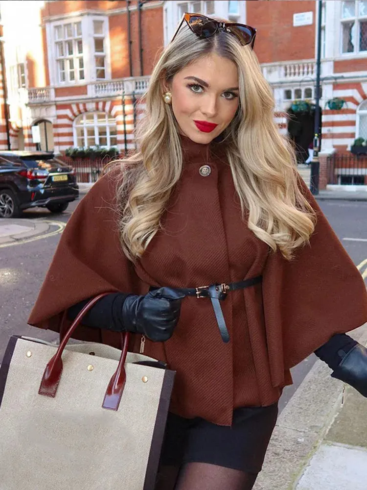 Fashionkova Brown Stand Collar Fashion Lady Cape Coat Elegant Solid Color Loose Casual Cloak 2024 New Woman Autumn High Street Jacket