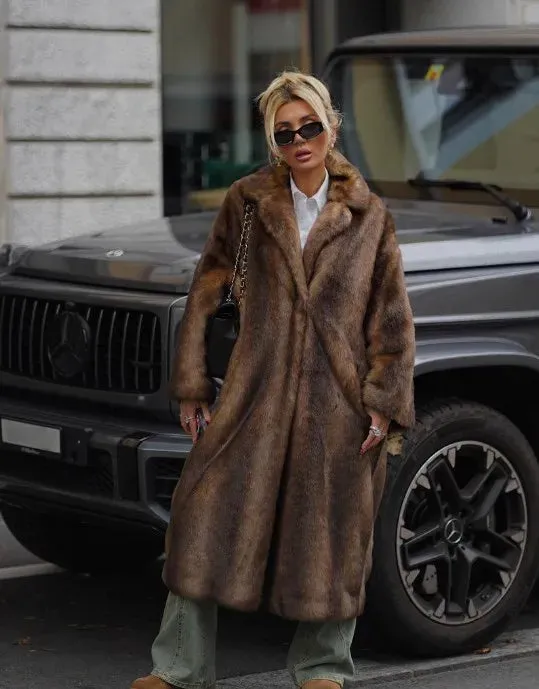 Fashionkova Women's Luxury Soft Thicken Warm Hairy Faux Fox Fur Coat Fashion Oversized Brown Long Sleeve Fluffy Jacket 2024 Lady Streetwear