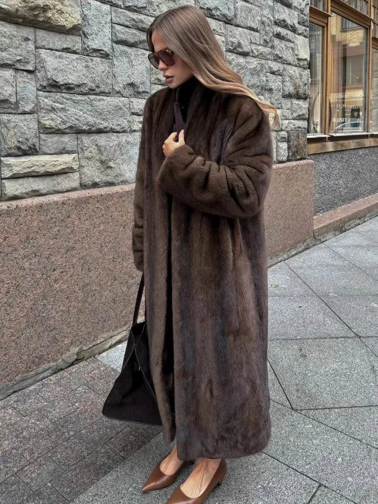 Fashionkova Women's Luxury Soft Thicken Warm Hairy Faux Fox Fur Coat Fashion Oversized Brown Long Sleeve Fluffy Jacket 2024 Lady Streetwear