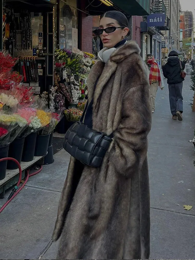 Fashionkova Women's Luxury Soft Thicken Warm Hairy Faux Fox Fur Coat Fashion Oversized Brown Long Sleeve Fluffy Jacket 2024 Lady Streetwear